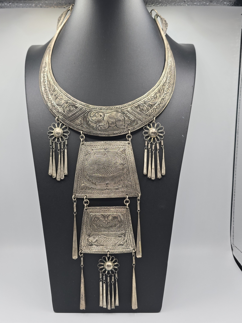 VTG Thai Collar Necklace Elephant Fish Engraved Handmade Enjaie International